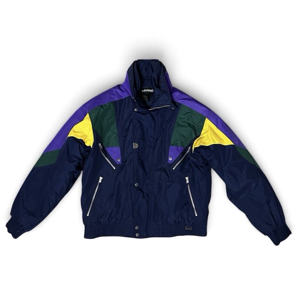 Vintage Edelweiss Skiwear Jacket Blue Color Block 90s Sz Large Men Logo Liner